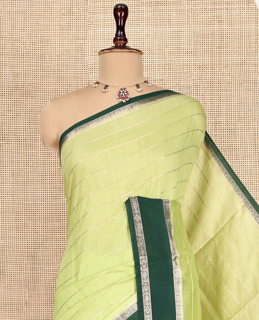 Apple Green Assam Silk Saree, Sparsely Woven with Zari Stripes, Contrast Traditional Zari Border, a Pallu of Zari Stripes, and a Contrast Blouse - Image 2