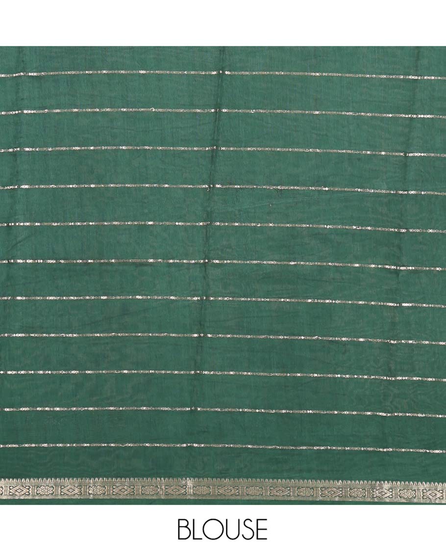 Apple Green Assam Silk Saree, Sparsely Woven with Zari Stripes, Contrast Traditional Zari Border, a Pallu of Zari Stripes, and a Contrast Blouse - Image 4