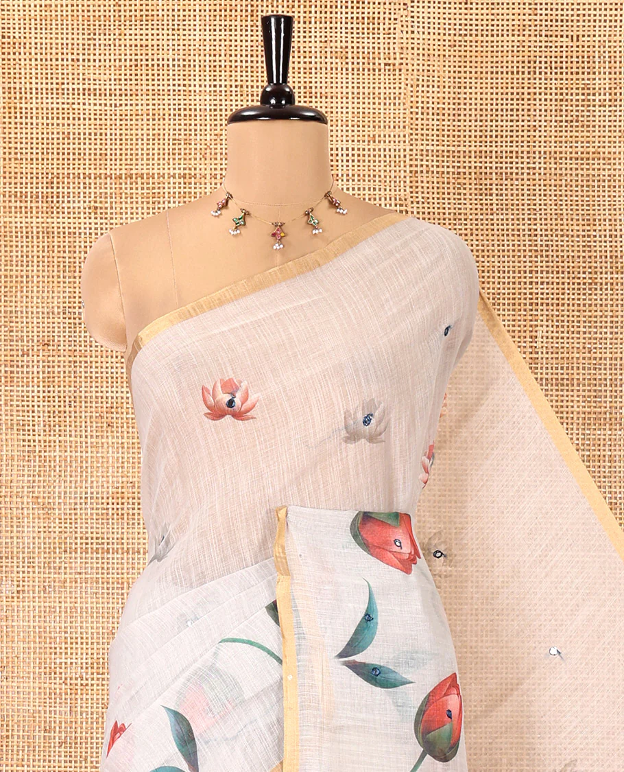 Apple Green Linen Cotton Saree, Beautified with Lotus Print and Mirror Work, a Piping Border, and a Matching Blouse - Image 2