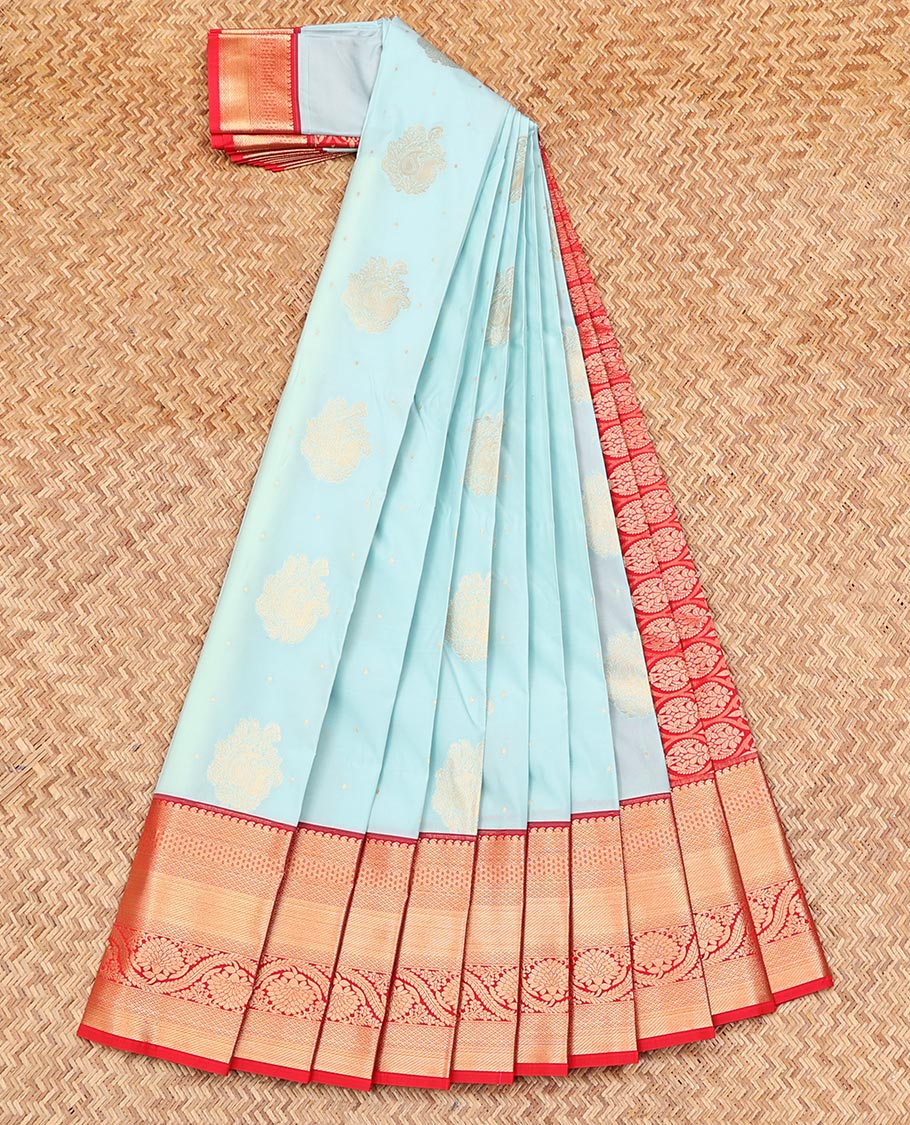 Baby Blue Budget Silk Saree, Sparsely Woven with Zari Buttas on Its Body, Complemented by a Contrast Traditional Zari Design Border, Grand Pallu, and Paired with a Contrast Blouse - Image 2