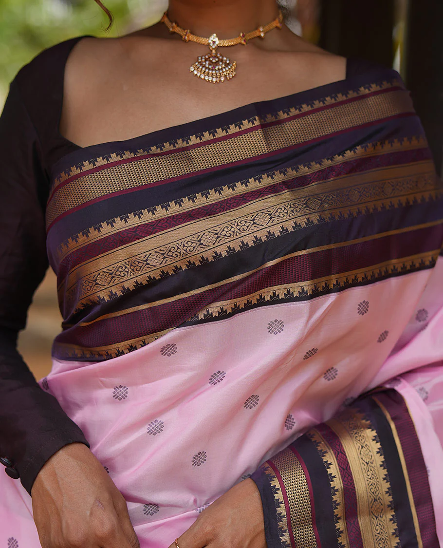 Baby Pink and Coffee Brown Vasundhara Lite Silk Mix Saree, Subtly Adorned with Buttas All Over Its Body, Complemented by Contrast Border of Thazampoo Rekku, Banaras, Jada Nagam, and Ara Maadam Designs, Grand Pallu, and Paired with a Contrast Blouse - Image 2