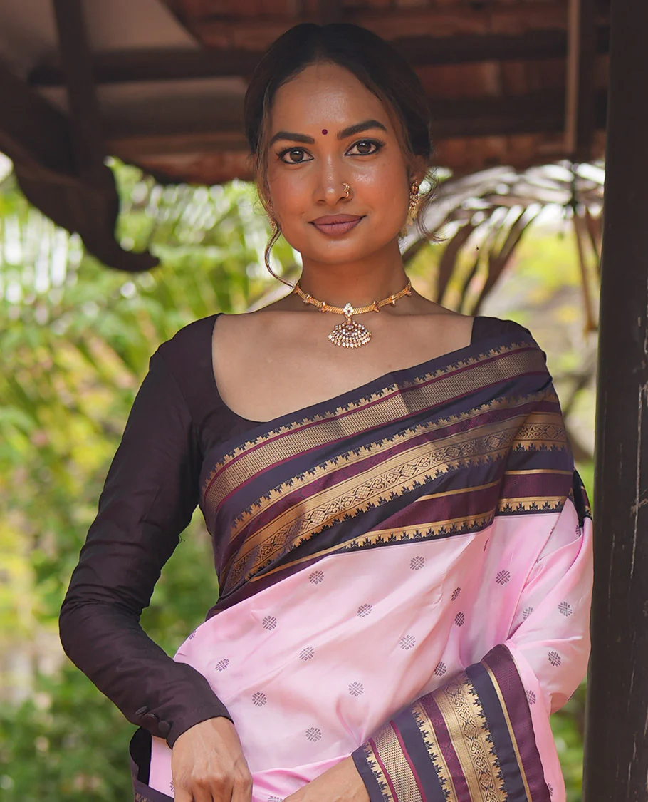 Baby Pink and Coffee Brown Vasundhara Lite Silk Mix Saree, Subtly Adorned with Buttas All Over Its Body, Complemented by Contrast Border of Thazampoo Rekku, Banaras, Jada Nagam, and Ara Maadam Designs, Grand Pallu, and Paired with a Contrast Blouse - Image 3
