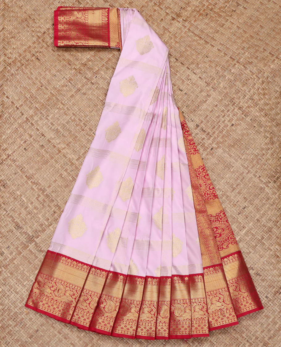 Baby Pink Budget Silk Saree, Subtly Enriched with Zari Buttas Enclosed Checks All Over Its Body, Complemented by a Contrast Traditional Zari Border of Peacock Designs, Pallu of Mughal-Style Intricate Designs, and Paired with a Contrast Blouse - Image 2