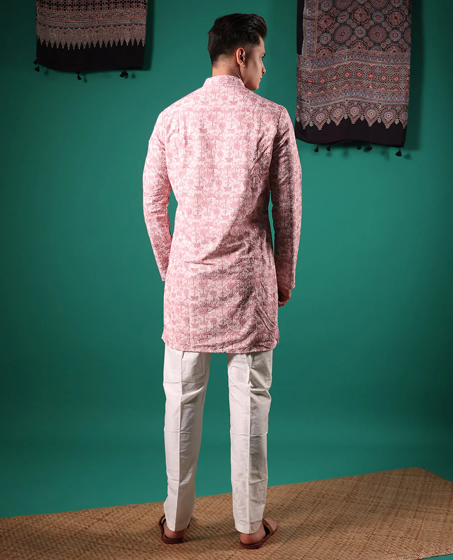 Baby pink crushed textured with tropical floral printed full-sleeved men's kurta - Image 5