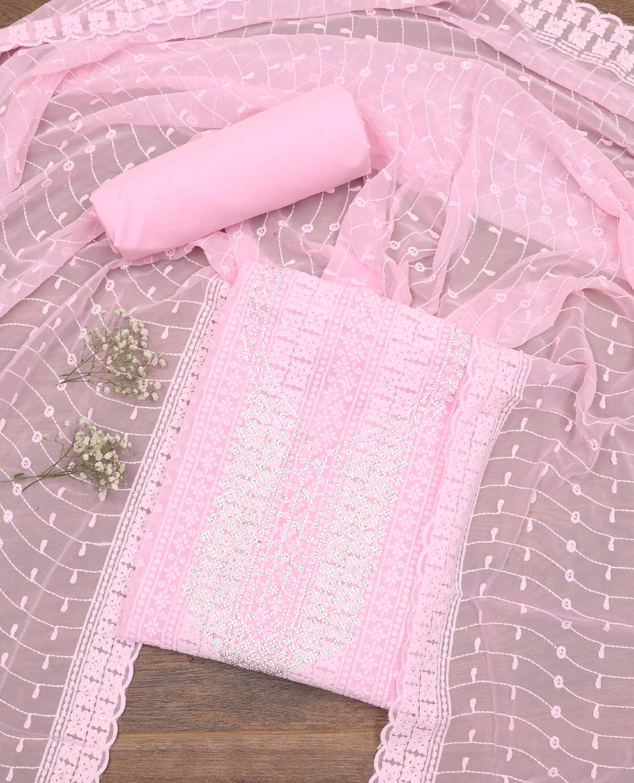 Baby Pink Material Chudidar Set, Crafted with Chikankari-Style Embroidery and Neck Stone Work on Georgette Top, a Plain Santoon Bottom, and Paired with a Floral Vine Embroidery Georgette Dupatta