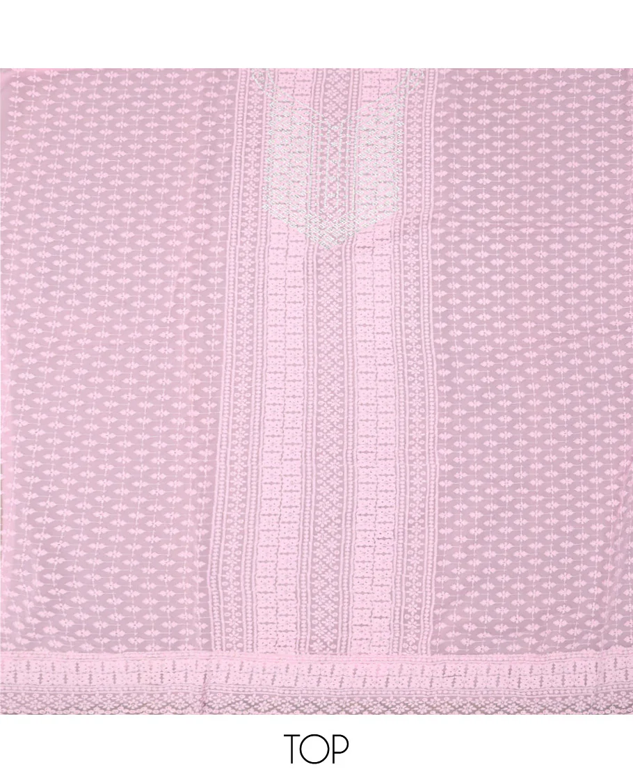 Baby Pink Material Chudidar Set, Crafted with Chikankari-Style Embroidery and Neck Stone Work on Georgette Top, a Plain Santoon Bottom, and Paired with a Floral Vine Embroidery Georgette Dupatta - Image 2
