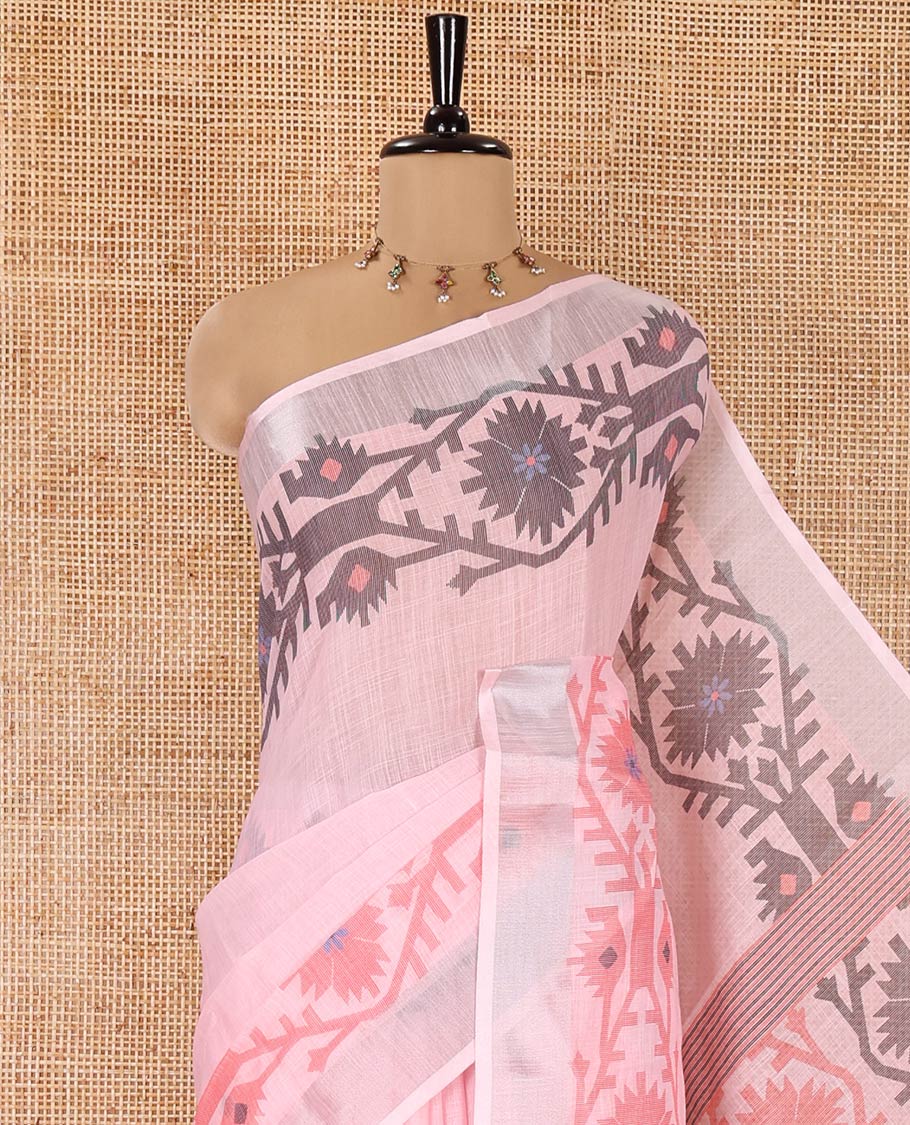 Baby Pink Plain Linen Cotton Saree, Subtly Sparkled Zari Border of Jamdani-Style Leaf-Floral Designs, Pallu Depicting Jamdani-Style Designs, and Paired with a Matching Blouse - Image 2