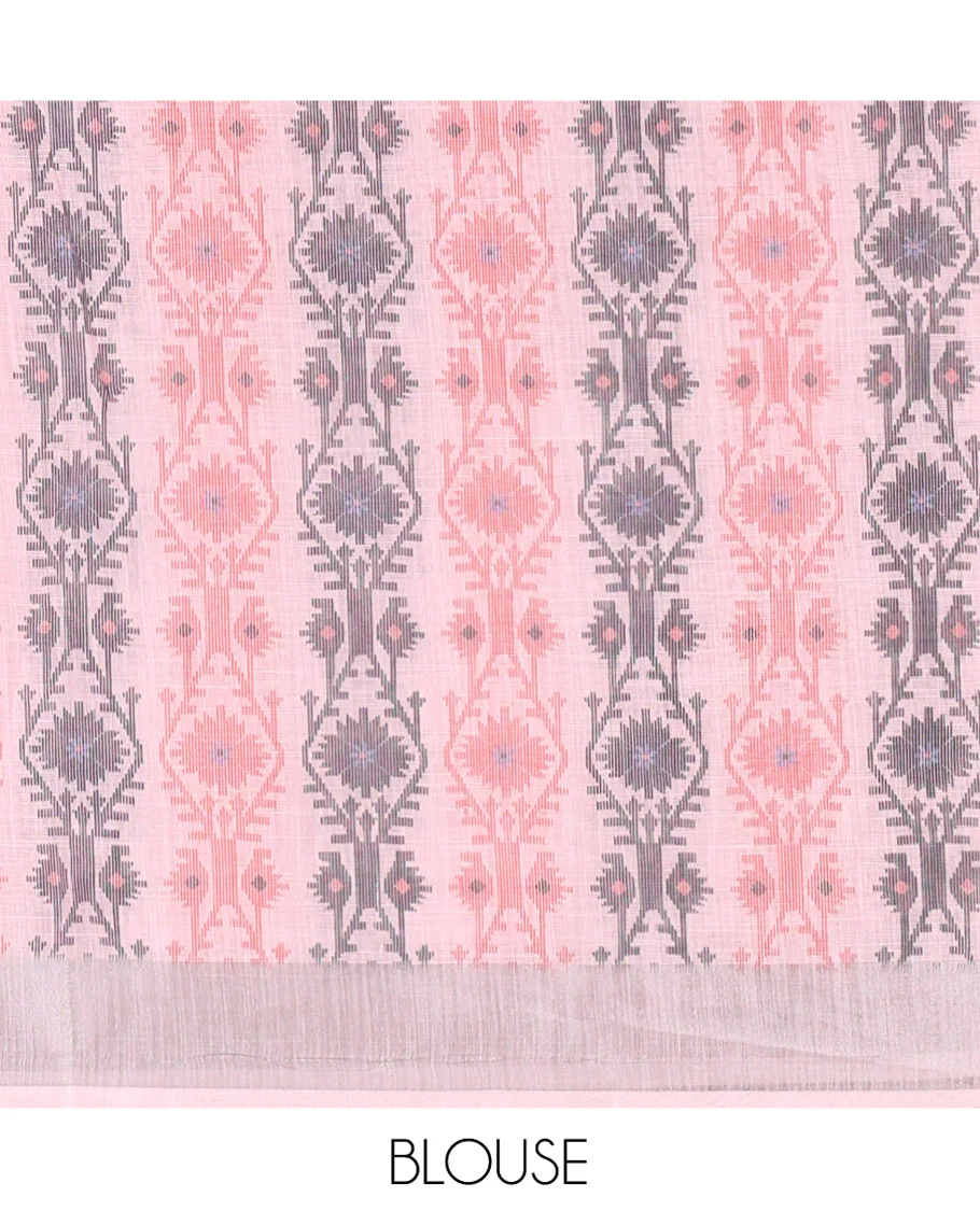 Baby Pink Plain Linen Cotton Saree, Subtly Sparkled Zari Border of Jamdani-Style Leaf-Floral Designs, Pallu Depicting Jamdani-Style Designs, and Paired with a Matching Blouse - Image 3