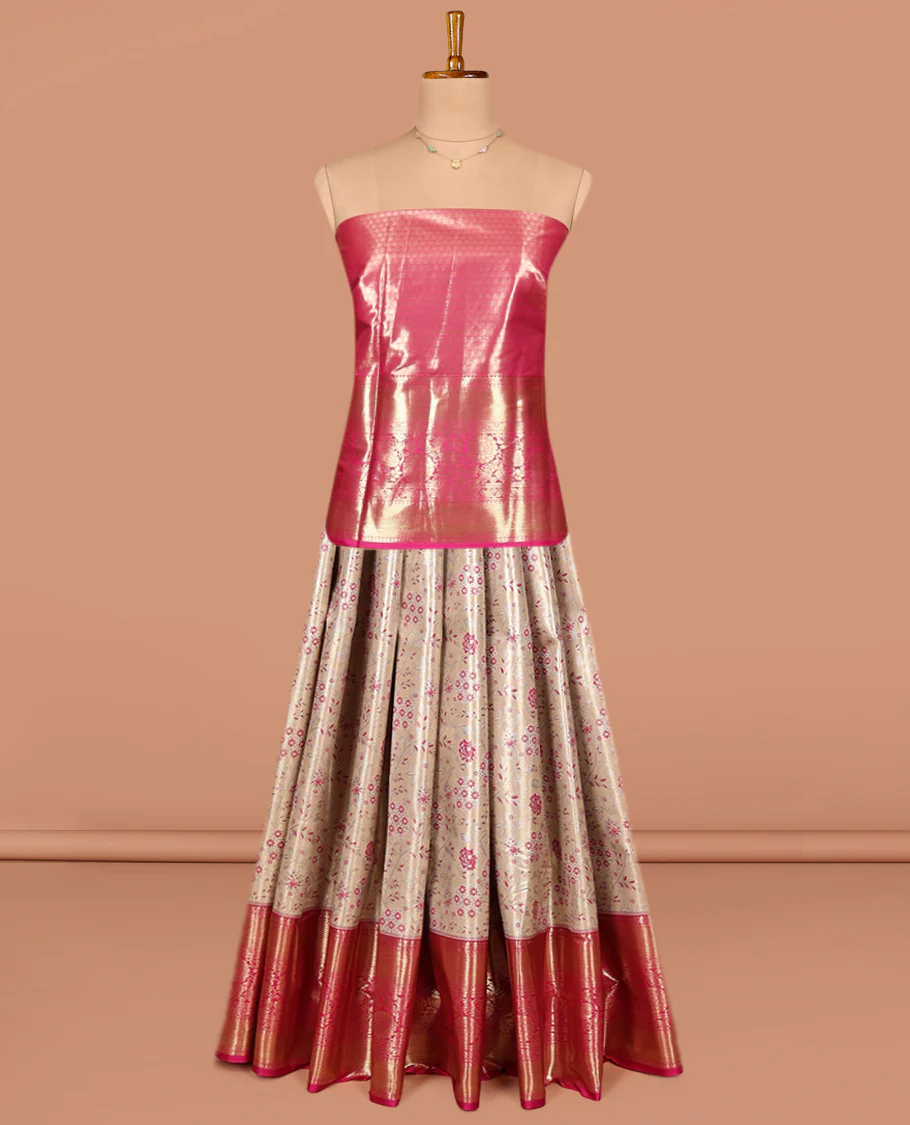 Beige Art Silk Pavadai Material Set, Graced with Jacquard on Its Skirt, Complemented by a Contrast Traditional Zari Designs Border, and Paired with a Contrast Blouse