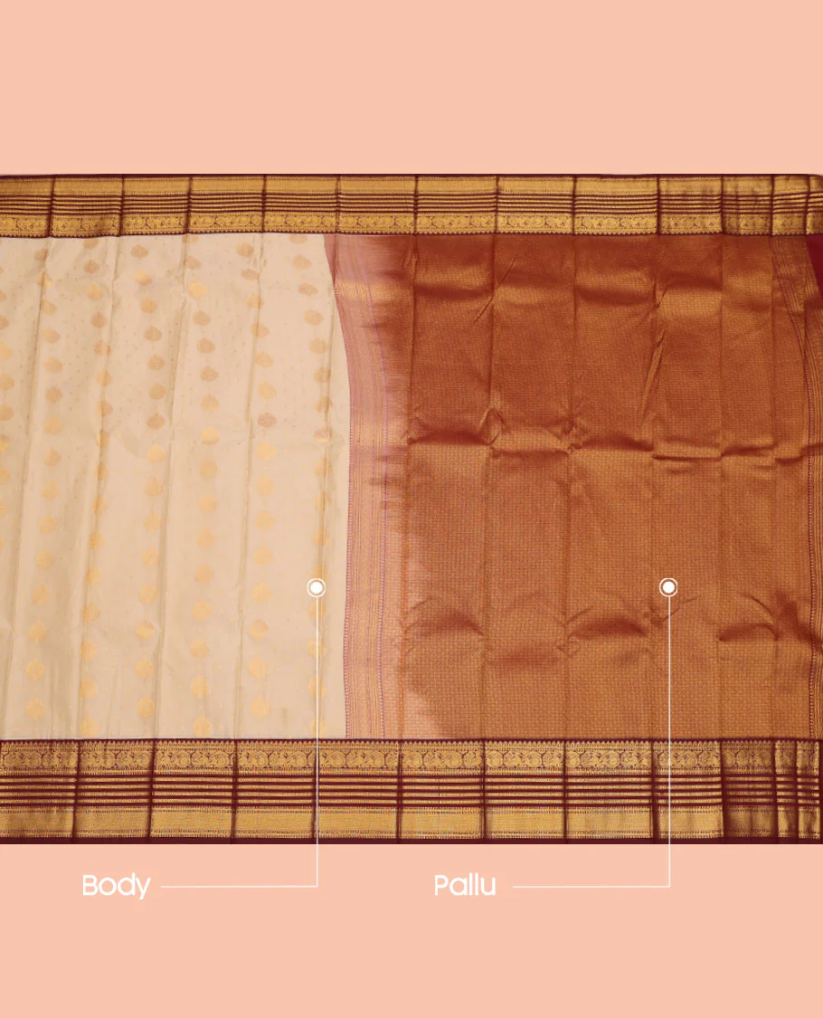 Beige Budget Silk Saree, Sparsely Threaded with Zari Buttas, Contrast Traditional Zari Border, Grand Jaal Pallu, and a Contrast Blouse - Image 3