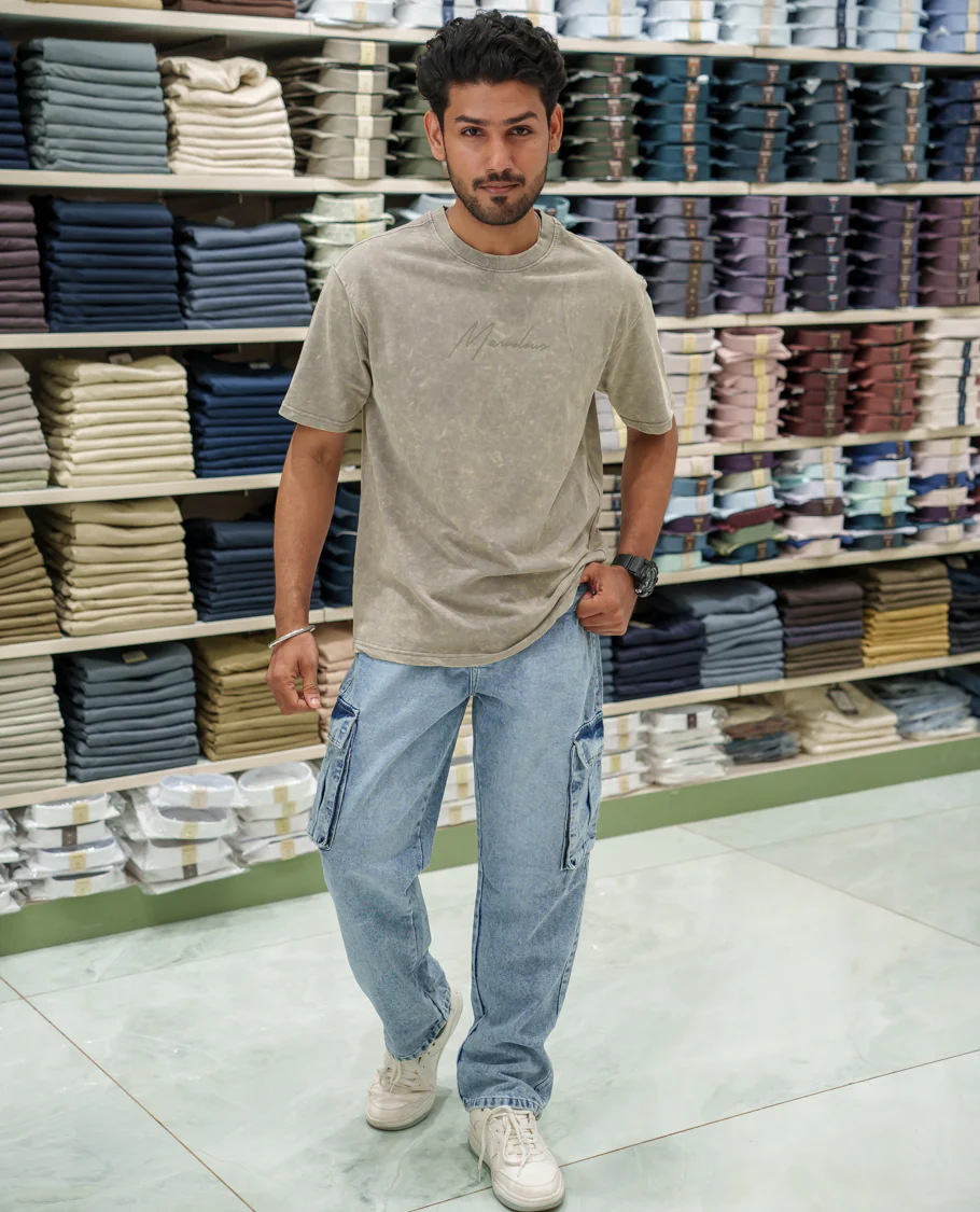 Beige Cotton-Blended Lava-Wash T-Shirt Comes with a Typographic Print, Crew Neck, Half Sleeves, Oversized Fit, and Regular Length - Image 2
