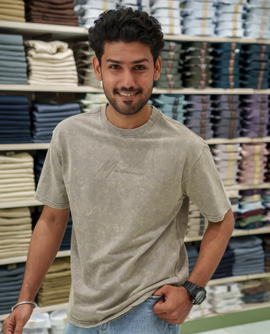 Beige Cotton-Blended Lava-Wash T-Shirt Comes with a Typographic Print, Crew Neck, Half Sleeves, Oversized Fit, and Regular Length - Image 3