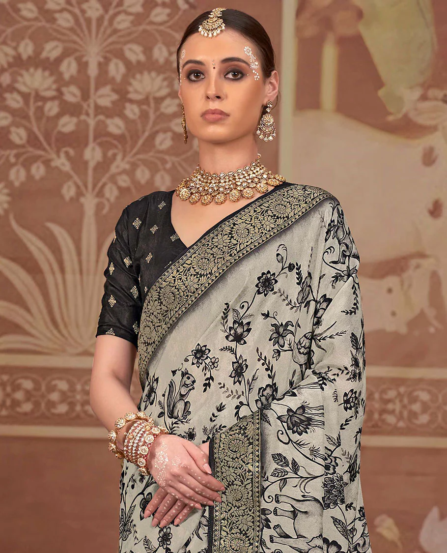 Beige floral and sparrow printed designer saree, contrast floral creeper zari border, and zari striped pallu - Image 2