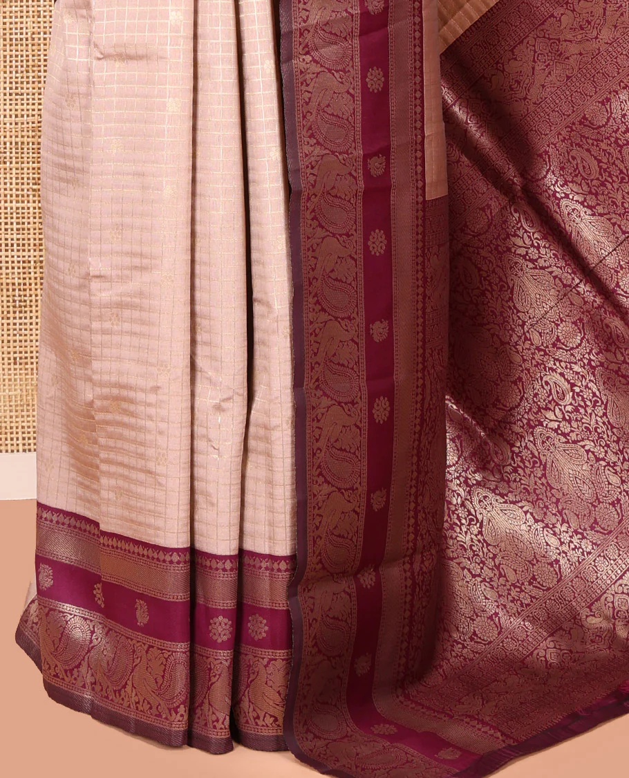Beige Litchi Saree Features Buttas and Checks, Contrast Traditional Peacock Border, Intricate Pallu, and a Contrast Blouse - Image 3