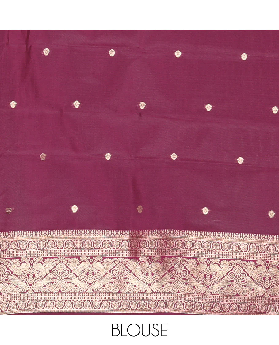 Beige Litchi Saree Features Buttas and Checks, Contrast Traditional Peacock Border, Intricate Pallu, and a Contrast Blouse - Image 4