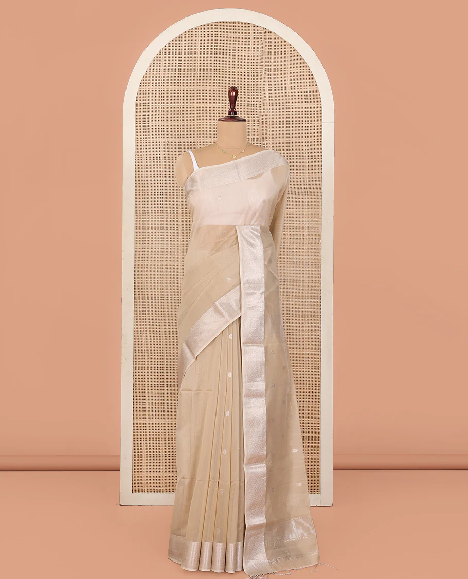 Beige Maheshwari Cotton Saree, Detailed with Flower Buttas All Over Its Body, Highlighted by Traditional Zari Design Border, Pallu Steeped with Flower Buttas, and Paired with a Matching Blouse - Image 2