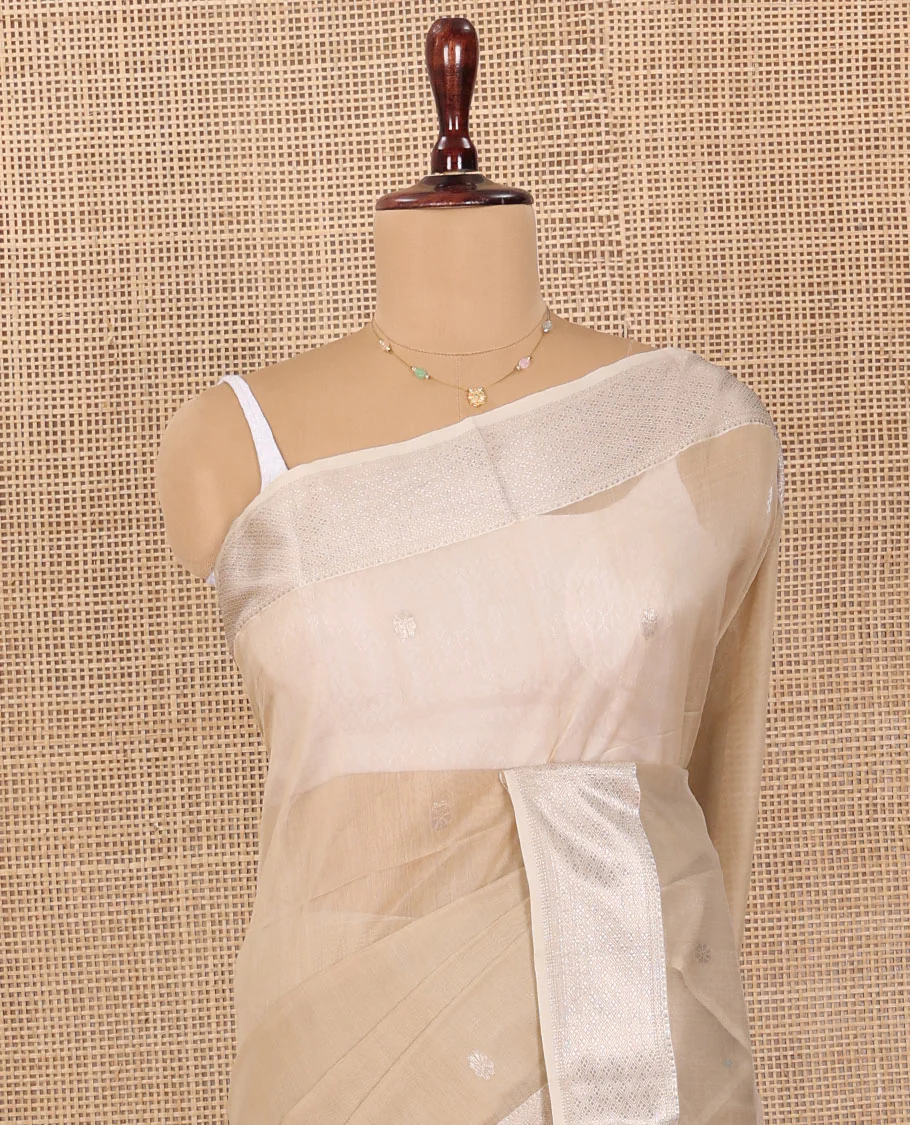 Beige Maheshwari Cotton Saree, Detailed with Flower Buttas All Over Its Body, Highlighted by Traditional Zari Design Border, Pallu Steeped with Flower Buttas, and Paired with a Matching Blouse - Image 3