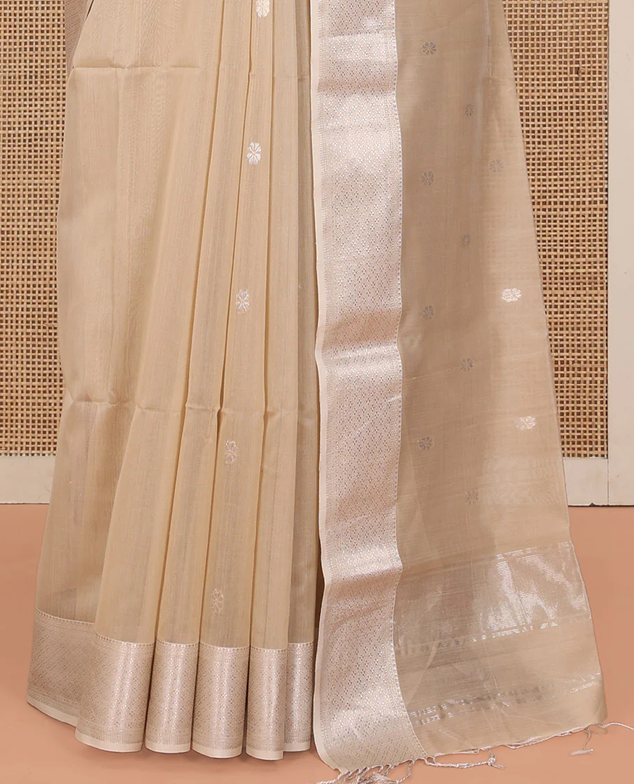 Beige Maheshwari Cotton Saree, Detailed with Flower Buttas All Over Its Body, Highlighted by Traditional Zari Design Border, Pallu Steeped with Flower Buttas, and Paired with a Matching Blouse - Image 4