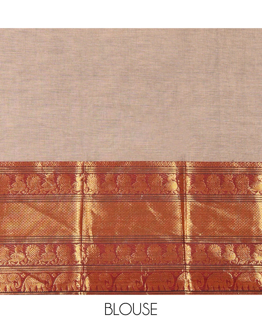 Beige Plain Chettinad Cotton Saree, Complemented by Contrast Traditional Zari Border of Peacock and Elephant Designs, Zari Striped Pallu, and Paired with a Matching Blouse - Image 3