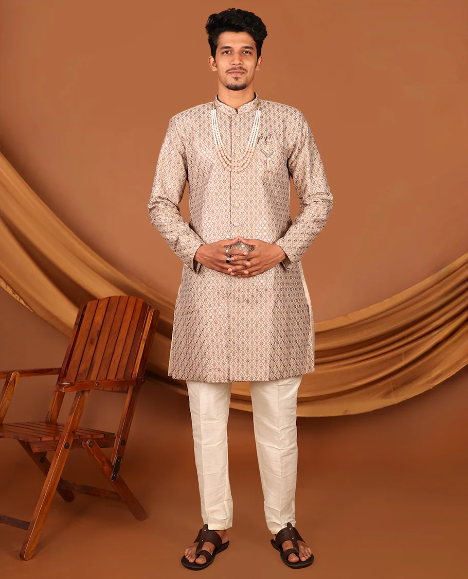 Biscuit Color Mughal-Style Ogee-Pattern Embroidered Full-Sleeved Men's Kurta and Contrast Pants