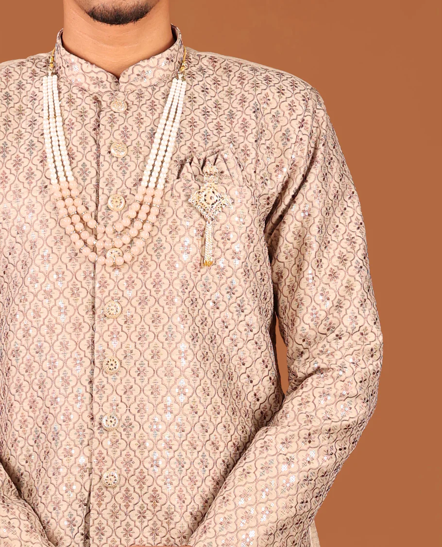 Biscuit Color Mughal-Style Ogee-Pattern Embroidered Full-Sleeved Men's Kurta and Contrast Pants - Image 2