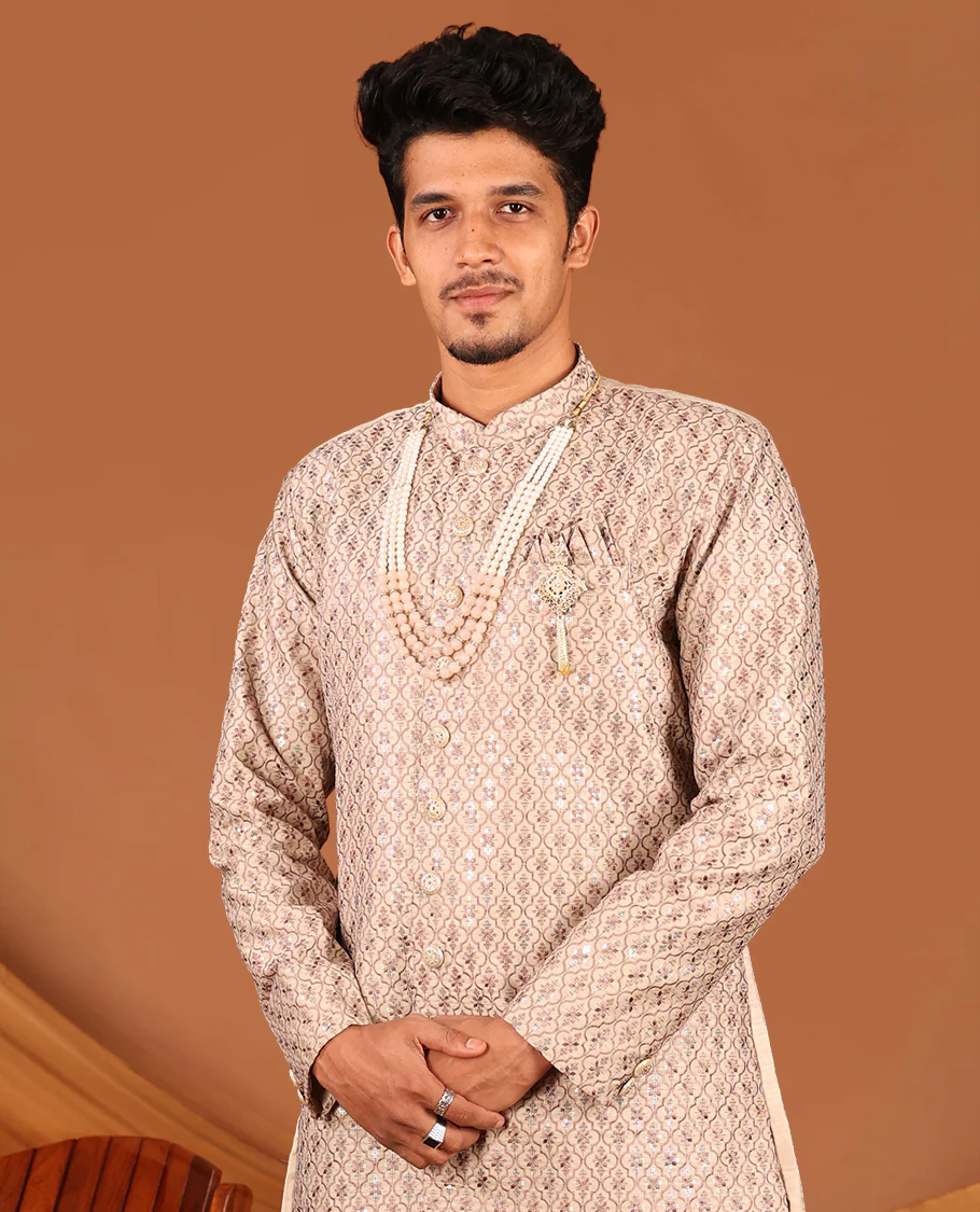 Biscuit Color Mughal-Style Ogee-Pattern Embroidered Full-Sleeved Men's Kurta and Contrast Pants - Image 3