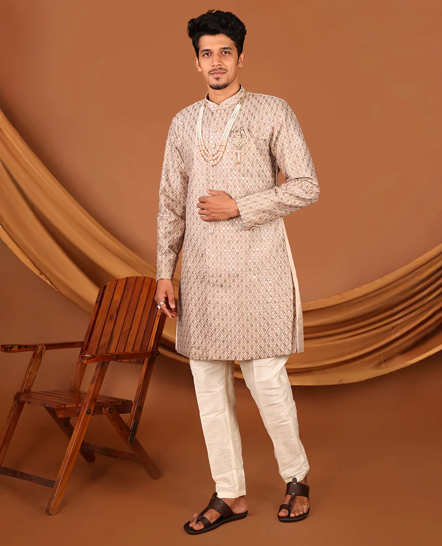 Biscuit Color Mughal-Style Ogee-Pattern Embroidered Full-Sleeved Men's Kurta and Contrast Pants - Image 4
