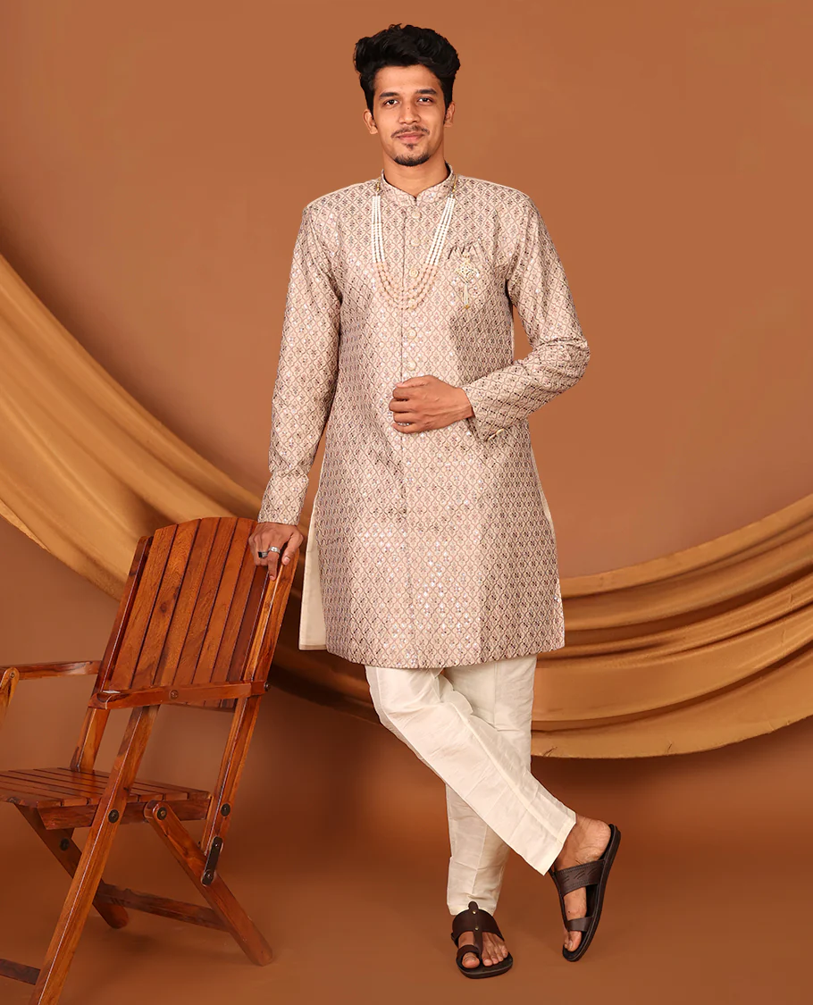 Biscuit Color Mughal-Style Ogee-Pattern Embroidered Full-Sleeved Men's Kurta and Contrast Pants - Image 5