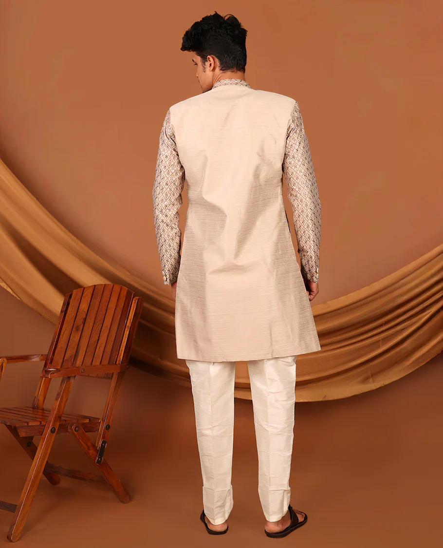 Biscuit Color Mughal-Style Ogee-Pattern Embroidered Full-Sleeved Men's Kurta and Contrast Pants - Image 6