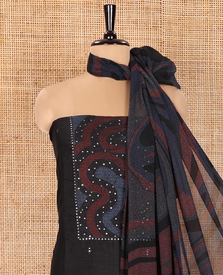 Black and Blue Material Chudidhar Set Adorned with Patch Neck and Sequins Embroidered Vichitra Silk Top, Plain Santoon Bottom, and Vichitra Silk Abstract Printed Dupatta - Image 3