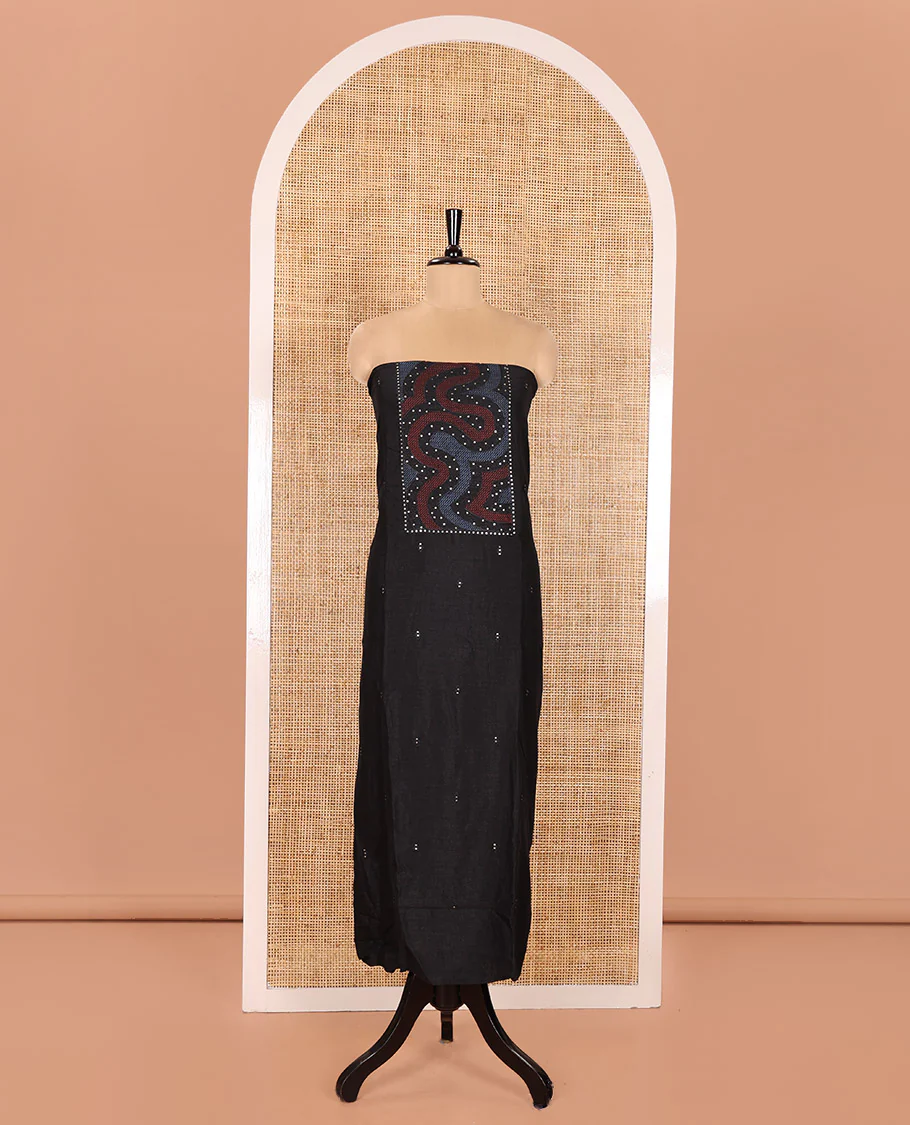 Black and Blue Material Chudidhar Set Adorned with Patch Neck and Sequins Embroidered Vichitra Silk Top, Plain Santoon Bottom, and Vichitra Silk Abstract Printed Dupatta - Image 4