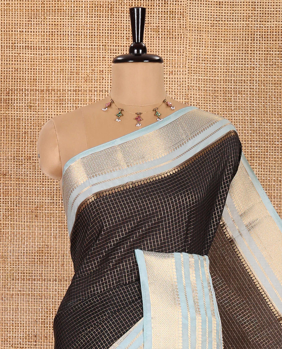 Black and Blue Semi-Mysore Crepe Saree Gleamed Up with Micro-Checks, Complemented by Contrast Traditional Zari Design Border, Gracefully Embellished Pallu of Thilakam Designs, and Paired with a Contrast Blouse - Image 2