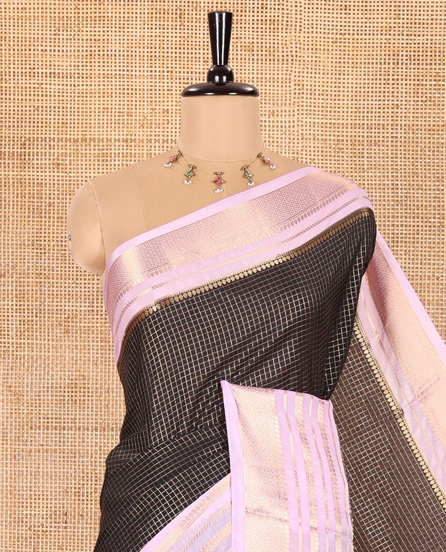 Black and Lavender Semi-Mysore Crepe Saree Richly Detailed with Micro-Checks, Complemented by Contrast Traditional Zari Design Border, Gracefully Embellished Pallu of Thilakam Designs, and Paired with a Contrast Blouse - Image 2