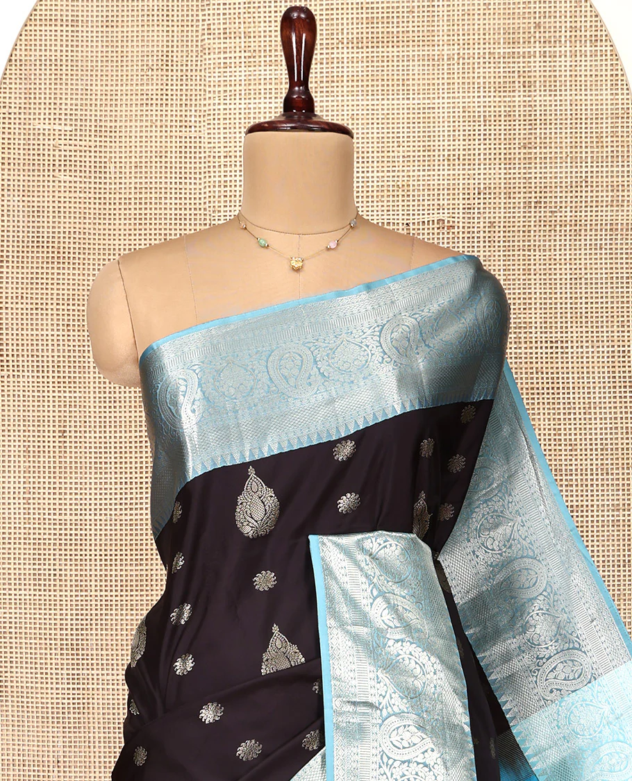 Black and Light Blue Budget Silk Saree, Ornamented with Zari Buttas on Its Body, Complemented by a Contrast Traditional Zari Design Border of Paisleys, Pallu Steeped with Paisley Designs, and Paired with a Contrast Blouse - Image 5