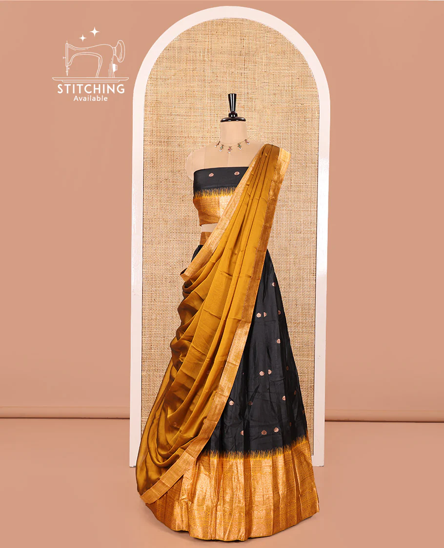 Black and Mustard Semi-Banaras Half-Saree Featuring Zari Buttas All Over the Skirt, Accentuated with a Contrast Traditional Zari Design Border, Paired with a Matching Blouse, and Has a Plain Syska Georgette Dhavani with a 4-Sided Zari Border - Image 3