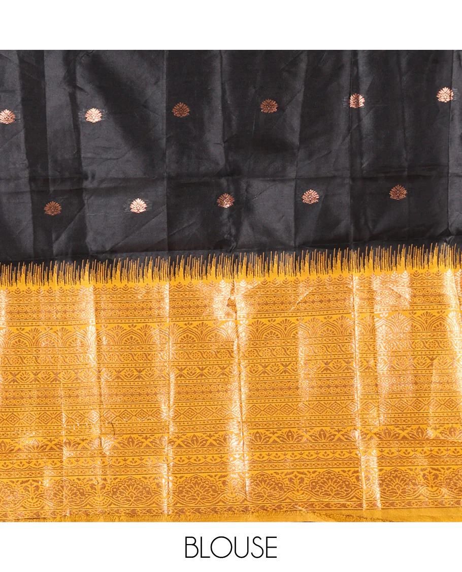 Black and Mustard Semi-Banaras Half-Saree Featuring Zari Buttas All Over the Skirt, Accentuated with a Contrast Traditional Zari Design Border, Paired with a Matching Blouse, and Has a Plain Syska Georgette Dhavani with a 4-Sided Zari Border - Image 4