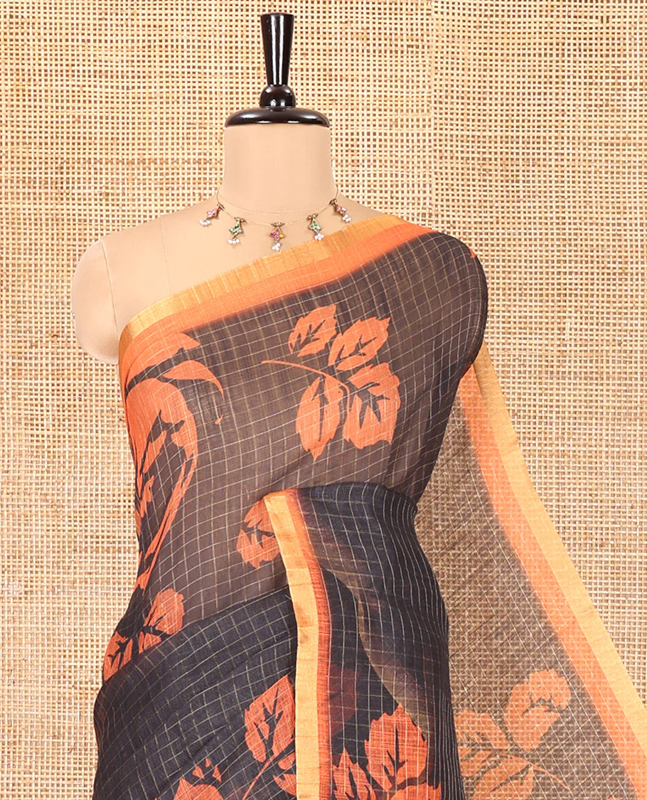 Black and Orange Linen Cotton Saree, Adorned with Floral Motifs and Checked Design on Its Body, Complemented by a Contrast Border, Pallu of Kalamkari Floral and Peacock Design, and Paired with a Contrast Blouse - Image 2