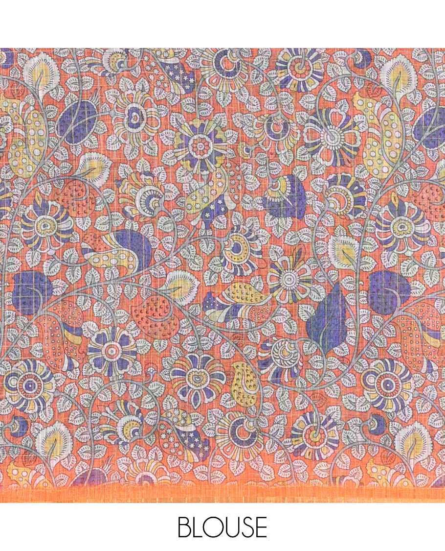 Black and Orange Linen Cotton Saree, Adorned with Floral Motifs and Checked Design on Its Body, Complemented by a Contrast Border, Pallu of Kalamkari Floral and Peacock Design, and Paired with a Contrast Blouse - Image 3