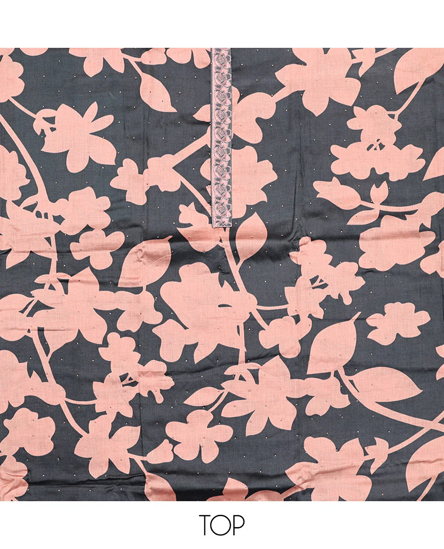 Black and Pink Material Chudidar Set, Accentuated with Silhouette-Style Floral Print, and Stone Work on Its Rayon Top, a Plain Rayon Bottom, and Paired with a Floral Printed Rayon Dupatta - Image 2