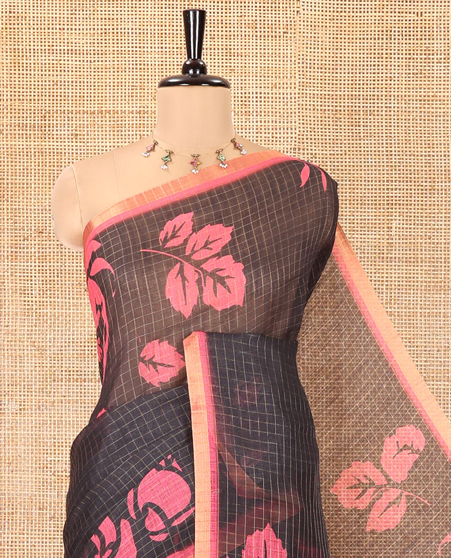 Black and Rani Pink Linen Cotton Saree, Elevated with Floral Motifs and Checked Design on Its Body, Complemented by a Contrast Border, Pallu of Kalamkari Floral and Peacock Design, and Paired with a Contrast Blouse - Image 2