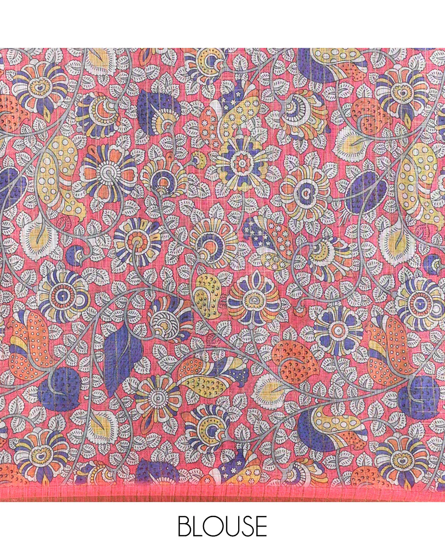 Black and Rani Pink Linen Cotton Saree, Elevated with Floral Motifs and Checked Design on Its Body, Complemented by a Contrast Border, Pallu of Kalamkari Floral and Peacock Design, and Paired with a Contrast Blouse - Image 3