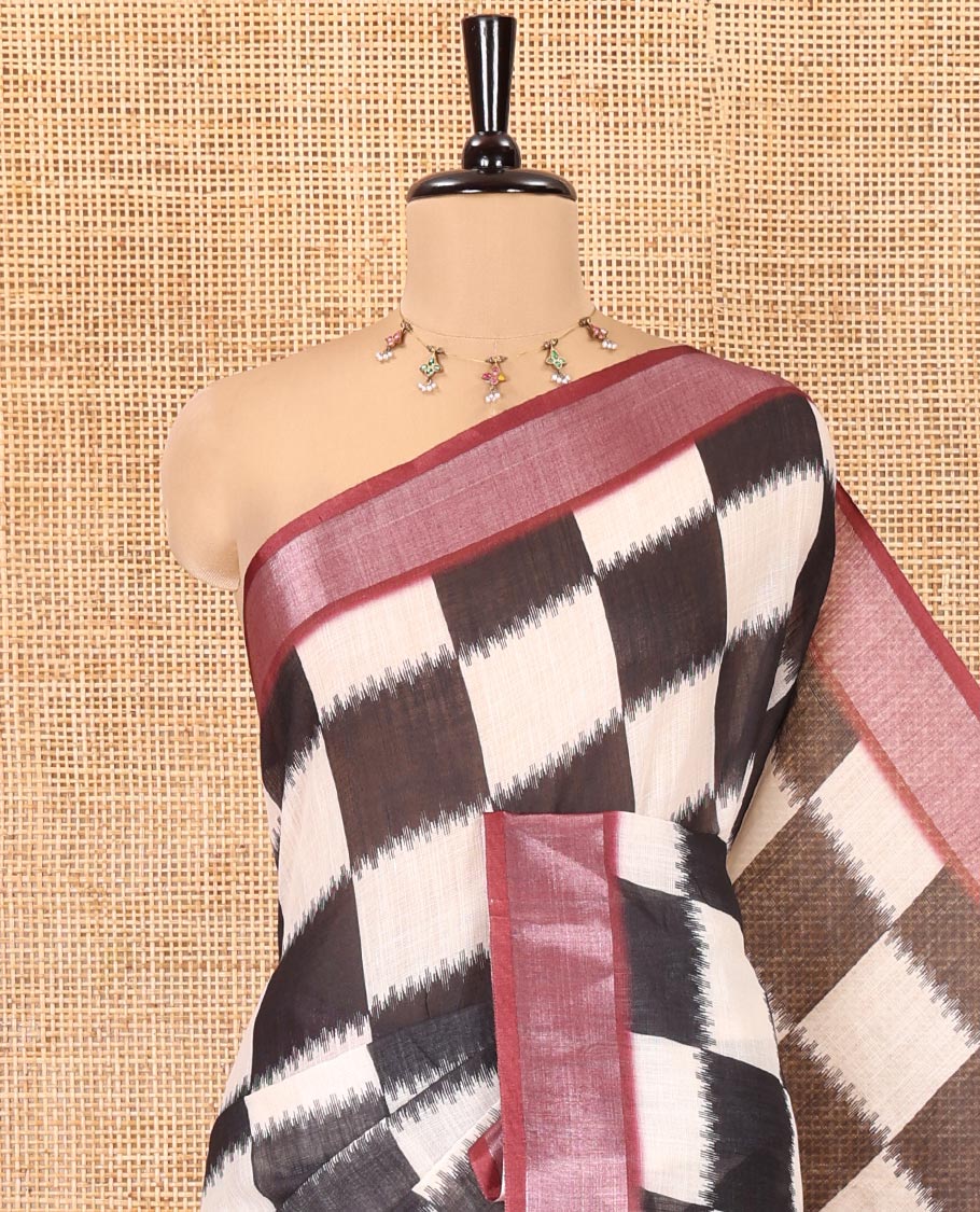 Black and White Linen Cotton Saree, Uniquely Printed with Chess-Style Checked Design on Its Body, Complemented by a Contrast Zari Border, Chevron Design Pallu, and Paired with a Contrast Blouse - Image 2