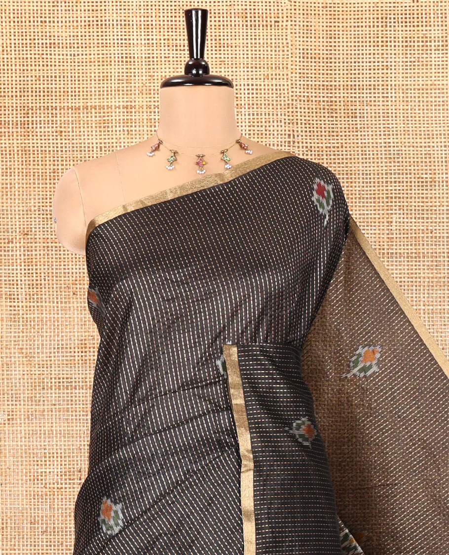 Black Art Tussar Saree, Bedecked with Dotted-Kantha-Style Stripes and Ikkat Buttas on Its Body, a Subtle Piping Border, Pallu of Ikkat Floral and Macaw Parrot Designs, and Paired with a Matching Blouse - Image 2