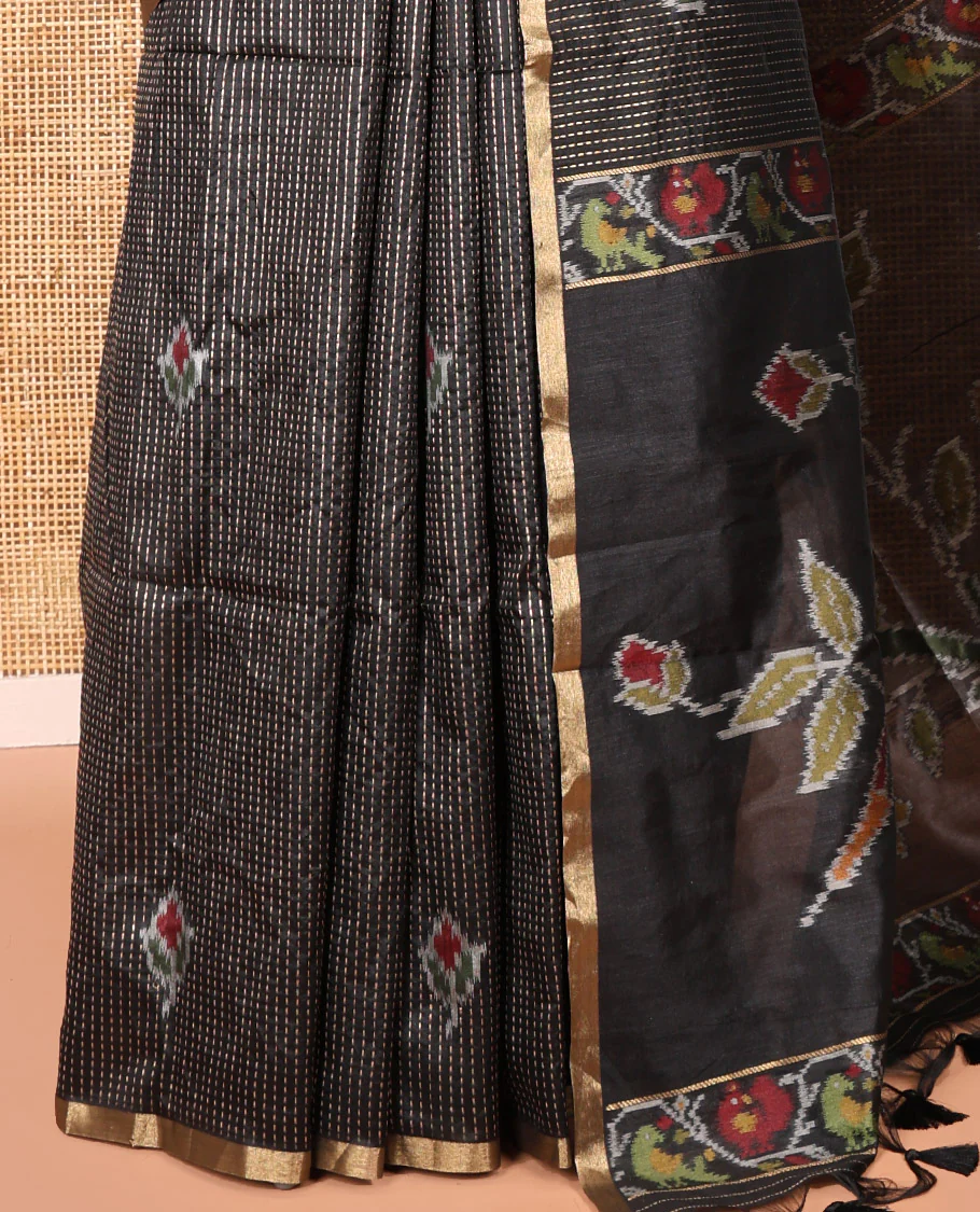 Black Art Tussar Saree, Bedecked with Dotted-Kantha-Style Stripes and Ikkat Buttas on Its Body, a Subtle Piping Border, Pallu of Ikkat Floral and Macaw Parrot Designs, and Paired with a Matching Blouse - Image 3