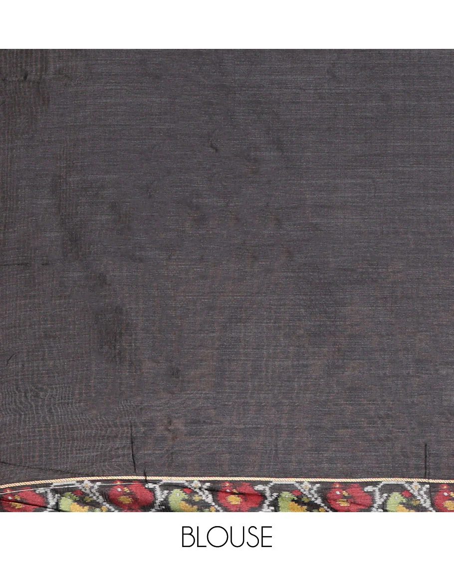 Black Art Tussar Saree, Bedecked with Dotted-Kantha-Style Stripes and Ikkat Buttas on Its Body, a Subtle Piping Border, Pallu of Ikkat Floral and Macaw Parrot Designs, and Paired with a Matching Blouse - Image 4