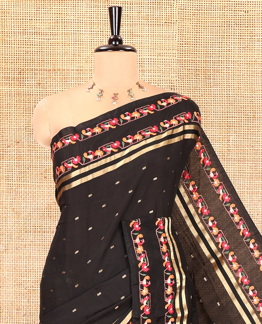 Black Assam Silk Saree, Adorned with Buttas on Its Body, Highlighted by a Self-Border of Paithani-Style Floral-Bird Motifs, Zari Striped Pallu, and Paired with a Matching Blouse - Image 2