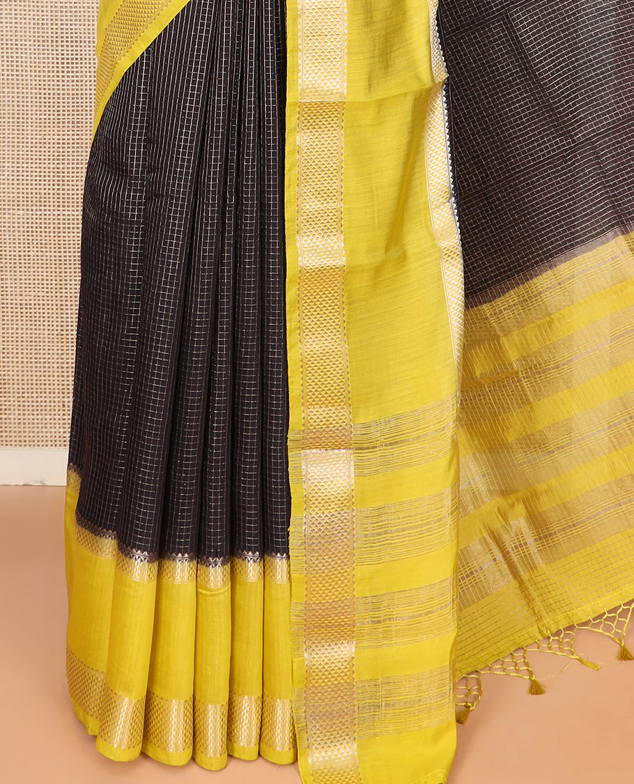 Black Assam Silk Saree Elegantly Sparkled with Zari Checks, Complemented by Contrast Zari Border of Triangle Motifs, a Gleaming Pallu of Zari Stripes, and Paired with a Contrast Blouse - Image 3