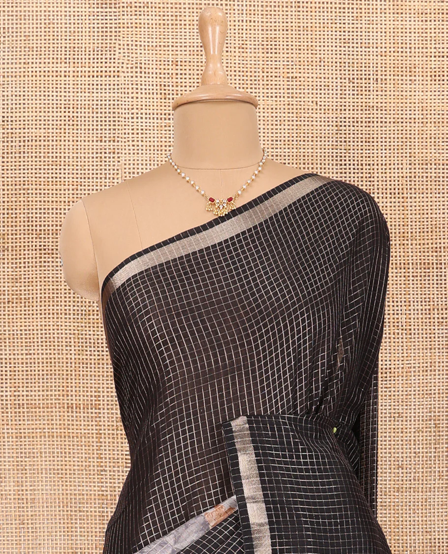 Black Assam Silk Saree Graced with Micro-Checks and Floral Prints, Featuring a Simple Piping Border, Subtly Woven Pallu with Zari Stripes, Paired with a Matching Checked Blouse - Image 3