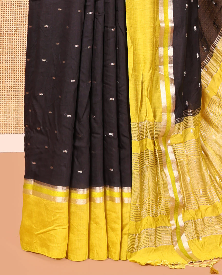 Black Assam Silk Saree, Ornamented with Zari Buttas on Its Body, Complemented by Contrast Zari Striped Border, Pallu Steeped with Gleaming Zari Stripes and Buttas, and Paired with a Contrast Blouse - Image 6