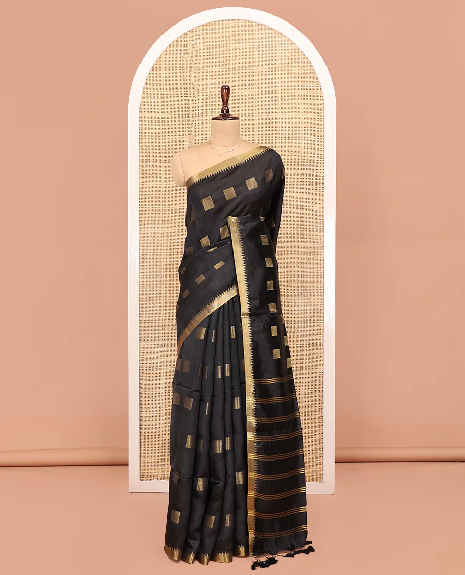 Black Banana Pith Saree, Beautified with Square Buttas All Over Its Body, Subtle Zari Temple Border, Pallu Steeped with Stripes, and Paired with a Matching Blouse - Image 3